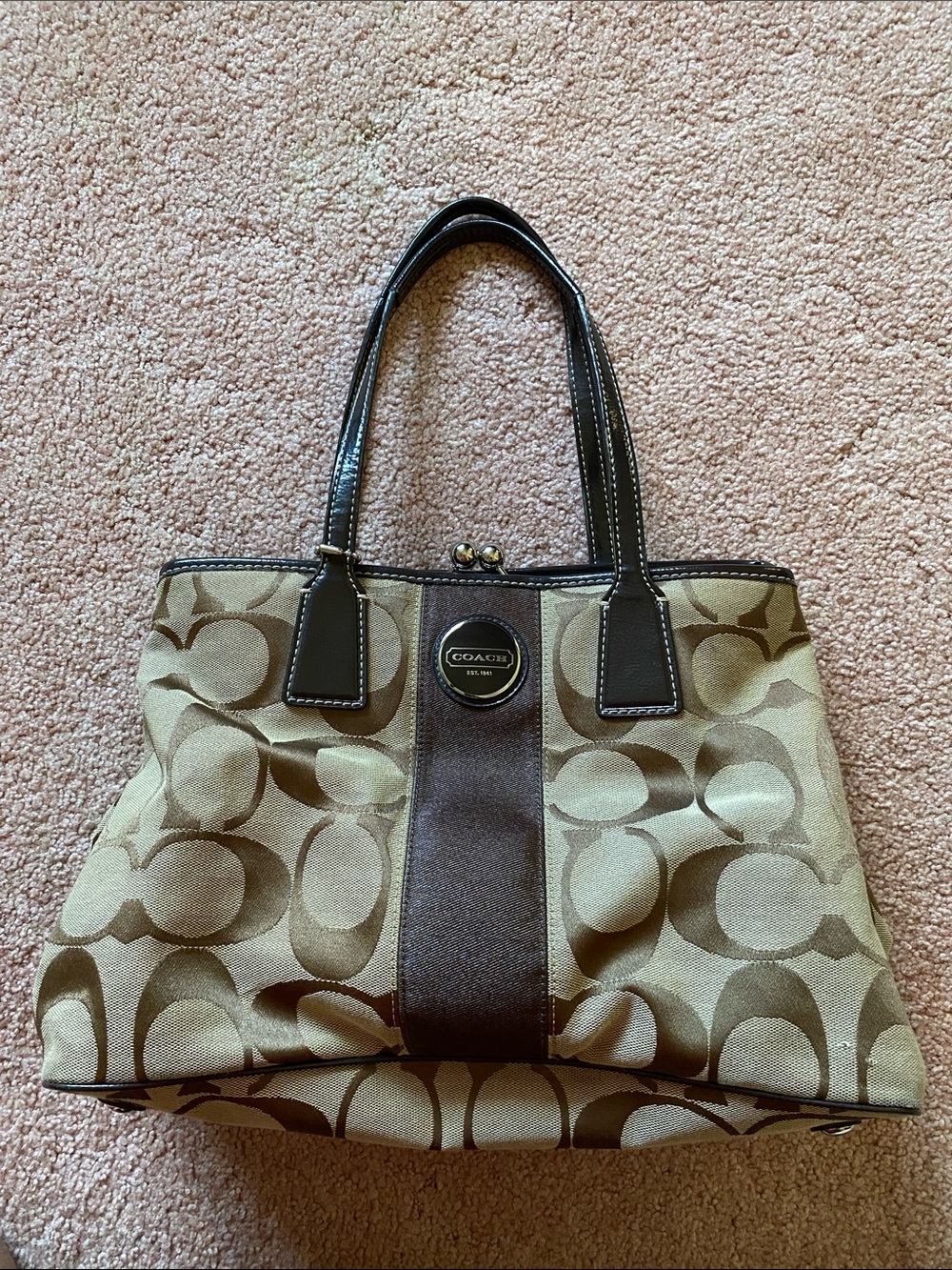 Vintage Coach Signature Stripe Kisslock Carryall Monogram Tote Bag F17424